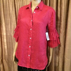 ALSO Women's 100% Linen Blouse w/3/4 Ruffled Sleeves-Red w/Black Dots